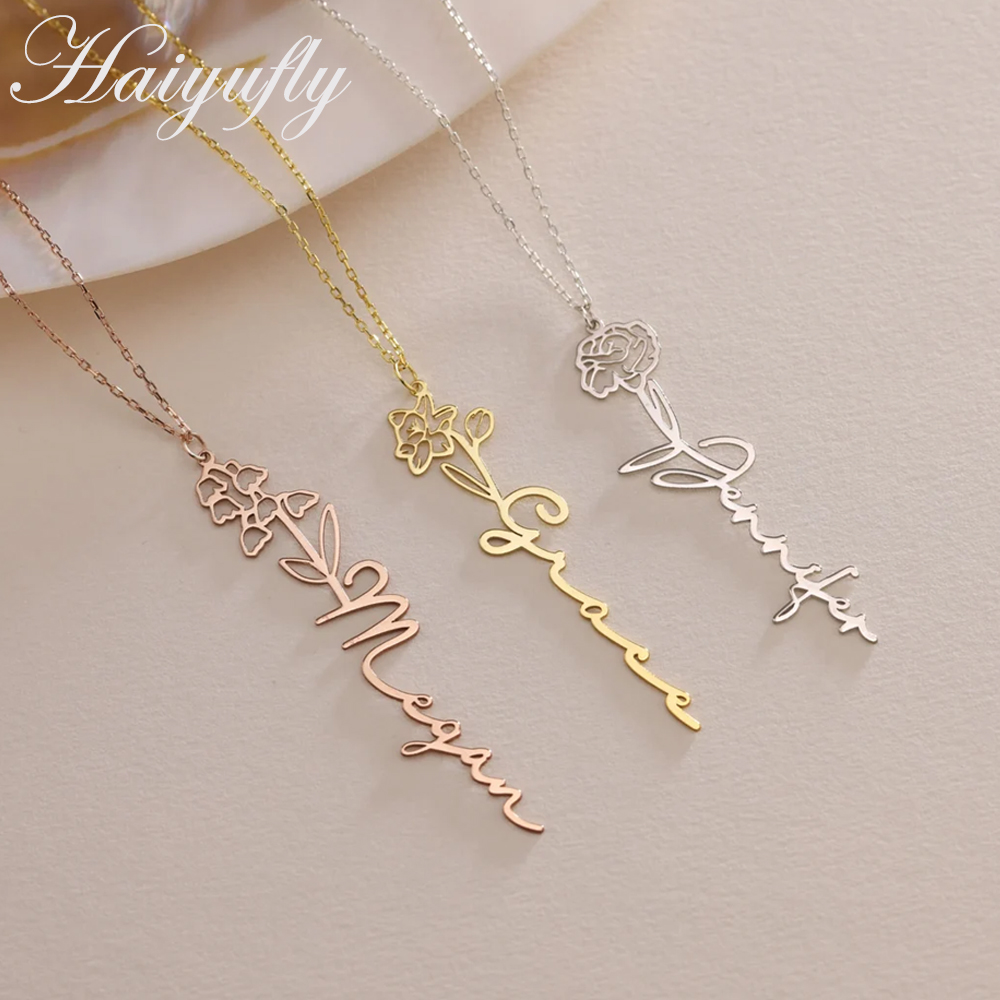Birth Flower Necklace - Haiyufly-collar con nombre personalizado para mujer,