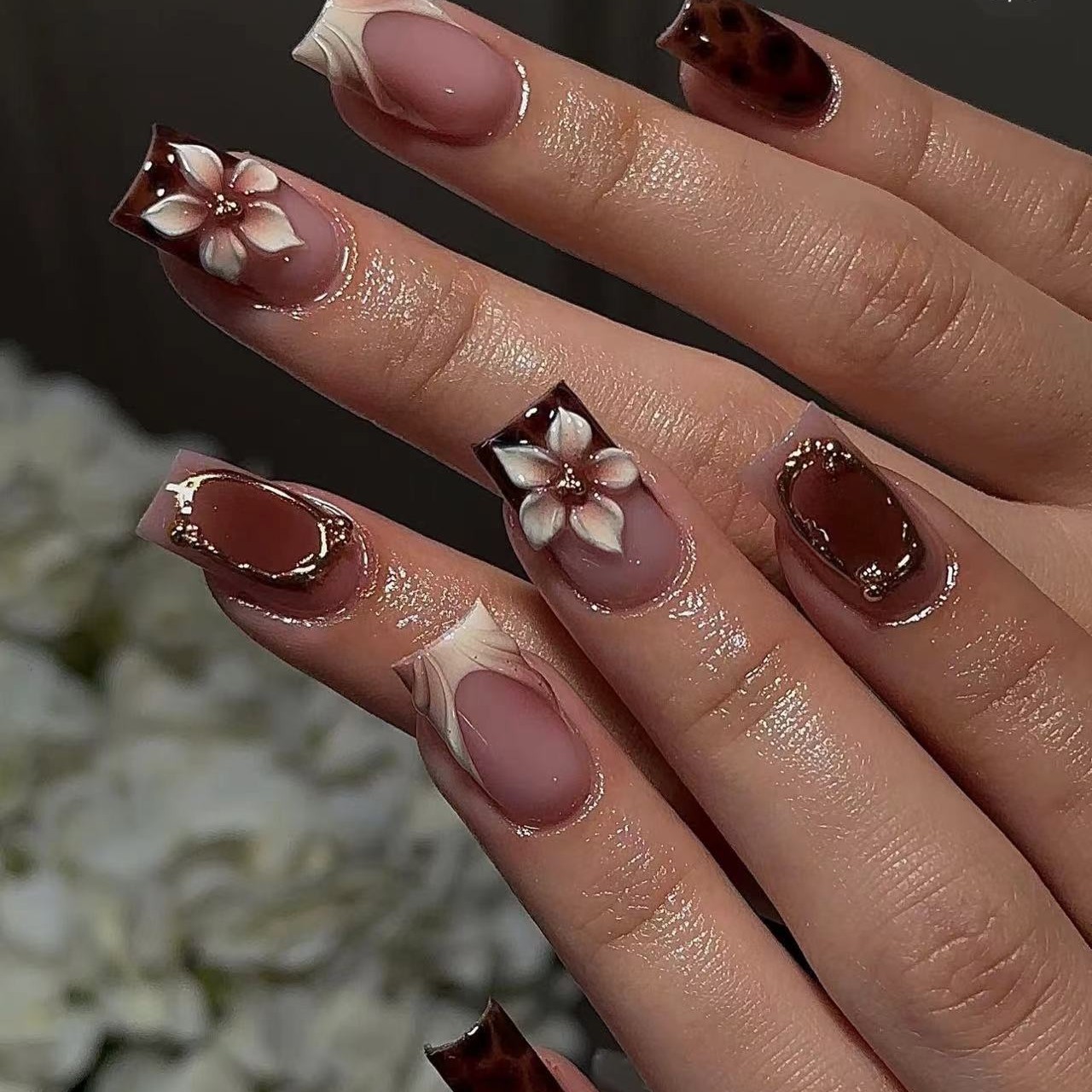 Pressed Flower Art - Uñas postizas cortas cuadradas para mujer,